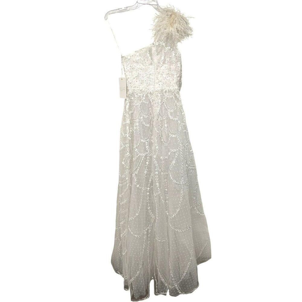 Mac Duggal One Shoulder White Sequin Feather Embellished Gown Maxi Dress Sz 2 - Picture 10 of 10